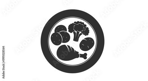 A black and white illustration of a plate with chicken and vegetables