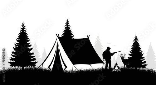 Silhouette of a hunter tent and deer in a forest landscape