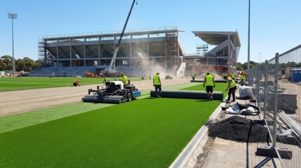Sports complex upgrade with skilled synthetic turf installation and surface renewal, modern stadium improvement concept for athletics, construction and facility maintenance themes, vibrant green