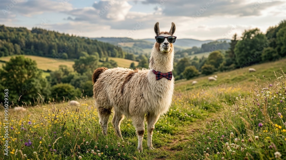 Obraz premium Funny llama wearing sunglasses and bowtie in a field, vivid wildlife scene with strong commercial appeal and natural atmosphere, balanced composition, high search appeal, clean premium styling, soft