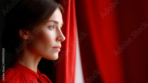 Woman in red gazing out window framed by curtains