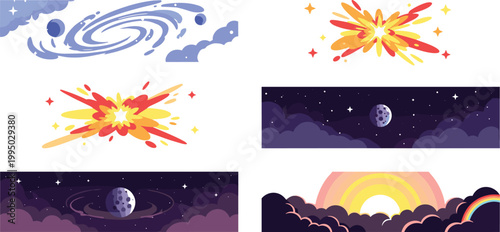 Space scenes collection with galaxy swirl, star explosions, night sky landscapes and sunrise horizon in flat style for cosmic illustration and design