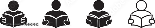 Reading book icon set with reader and education symbols, clean vector on white background design.