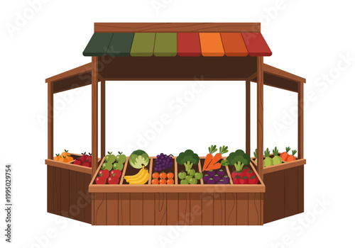 Vector illustration of a fresh produce wooden stall with a colorful awning, featuring an abundant display of fruits and vegetables, perfect for healthy eating themes