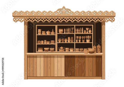 Vector illustration of a wooden stall filled with clay pots and wooden artifacts, featuring decorative floral elements on the roof