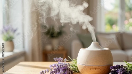 Aromatherapy diffuser with steam and lavender on table in living room. Home wellness and relaxation concept