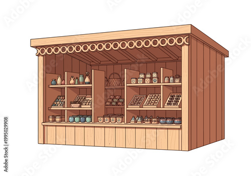 Vector illustration of a wooden market stall filled with various goods and flowers, showcasing traditional craftsmanship and local produce for sale at a charming bazaar