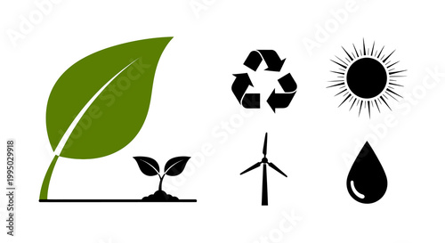 Renewable energy icons leaf recycling sun wind water and growth