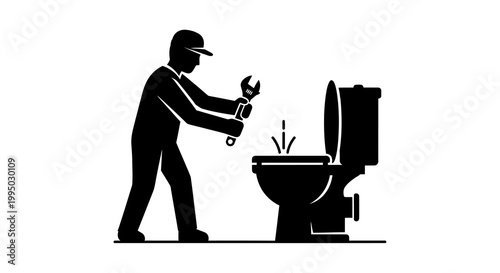 A plumber repairs a broken toilet with a wrench in silhouette