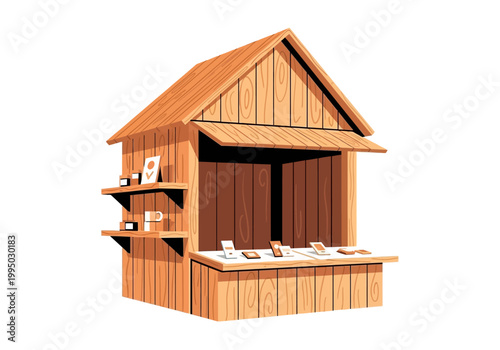 A charming wooden stall, reminiscent of flower shops, presents a curated selection of items on its shelves and counter in this vector illustration