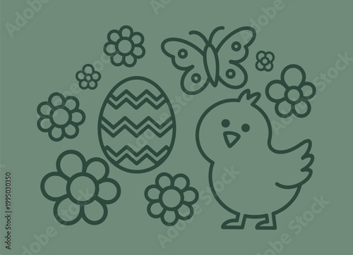 Delicate easter outline icons with chick butterfly egg and spring blossoms