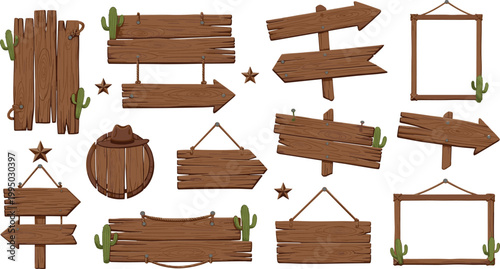 Rustic Wooden Signboard Set with Hanging Boards, Direction Arrows, Blank Frames, and Vintage Wood Panels for Farm, Western, and Outdoor Design Projects