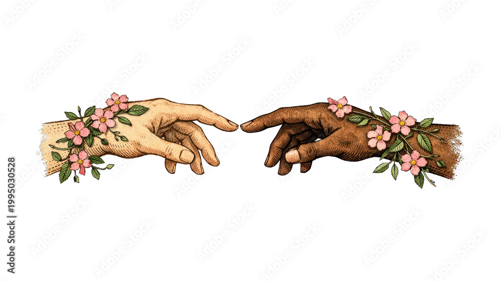 Fototapeta premium PNG Hands reaching adorned flowers.