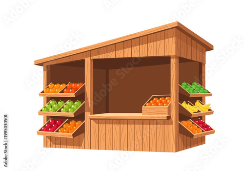 Vector illustration of a wooden fruit stall with colorful produce, perfect for market themes