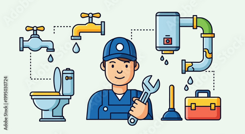 Plumber with various plumbing fixtures and tools in a colorful illustration