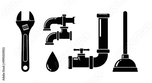 Black silhouette icons depicting various plumbing tools and pipe fittings