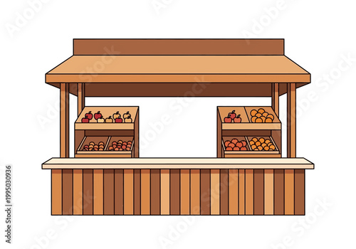 Vector illustration of a wooden fruit stall with colorful fruits and vegetables at a market, perfect for food and lifestyle themes