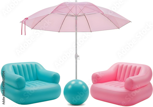 Summer inflatable lounge set with pink umbrella and colorful chairs.