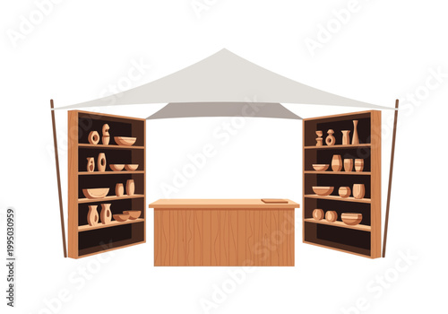Vector illustration of a wooden market stall selling various pottery and craft items, perfect for a flower shop or artisan display