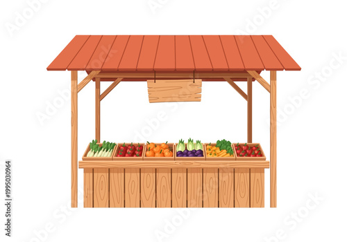 Vector illustration of a wooden fruit and vegetable stall, perfect for farmers market themes