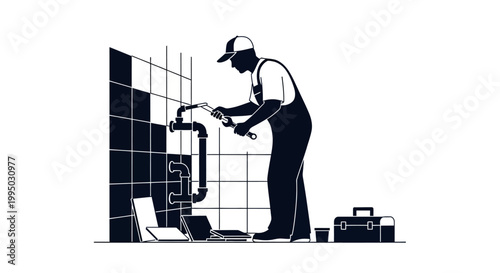 A plumber repairs pipes behind a tiled wall with tools