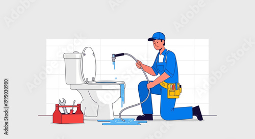 A plumber is repairing a leaky toilet in a bathroom setting