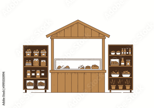 Vector illustration of a wooden market stall displaying various food items and plants, perfect for culinary and botanical themes