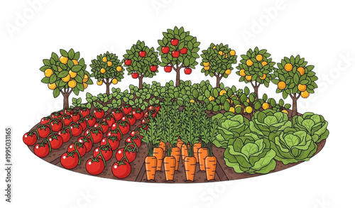 Kitchen garden vector set vegetables fruit trees organic farming illustration
