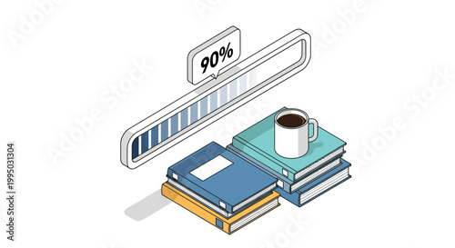 Isometric Education Concept with 90 Percent Progress Bar, Stack of Books, and Coffee Mug - Productivity and Learning Loading