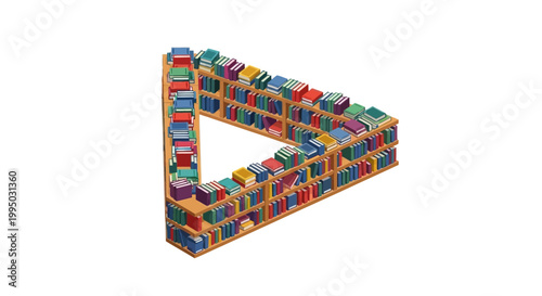 3D Isometric Impossible Penrose Triangle Bookshelf Concept, Surreal Optical Illusion Library with Colorful Books on White Background, Infinite Knowledge and Education Metaphor