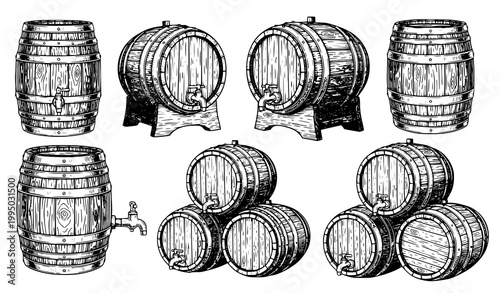 Wooden barrel vector set beer wine cask vintage hand drawn illustration