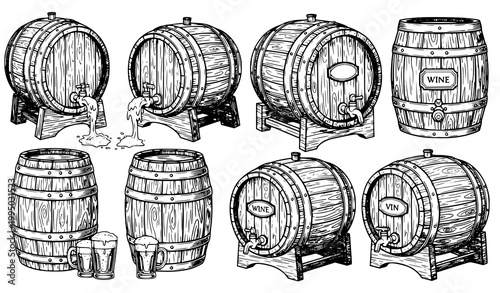 Wooden beer wine barrel vector set vintage cask hand drawn illustration