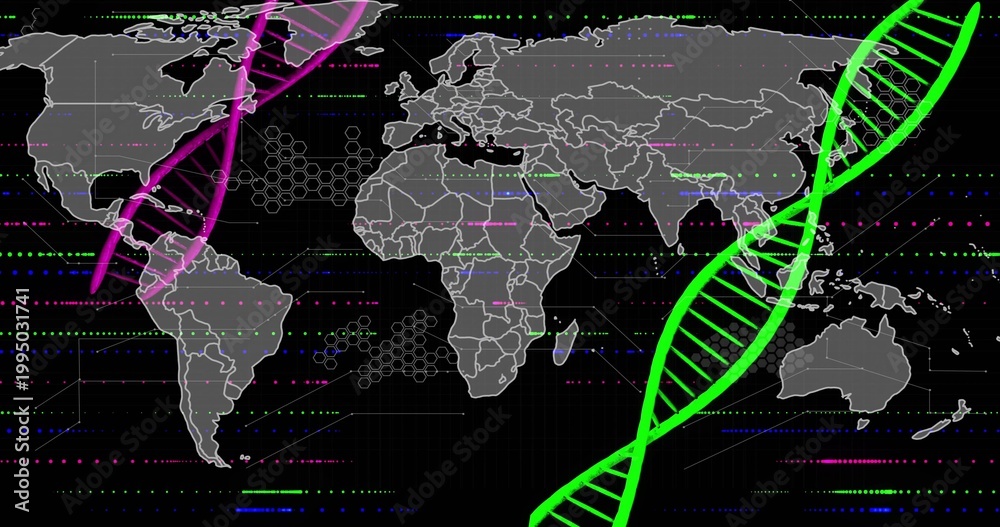 Fototapeta premium Displaying large neon green DNA helix occupying right side of dashboard, gray world map, copy space