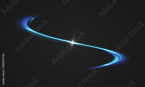 Abstract blue glowing curved light streak with motion effect isolated on transparent background