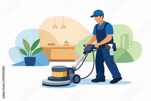Professional Janitor Polishing Floor with Machine in Office