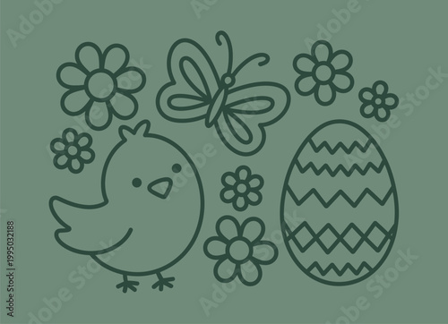 Spring easter line art composition with butterfly chick and patterned egg