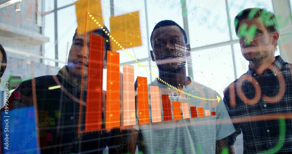 Fototapeta premium Discussing three men studying orange bar chart on glass display at office with window reflections