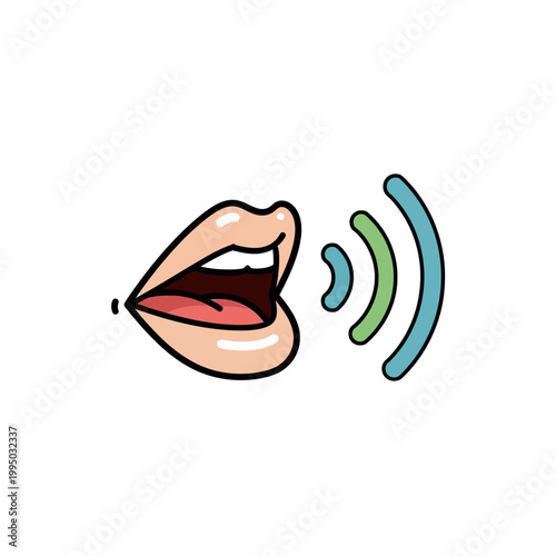 Speaking mouth with sound waves icon for voice assistant and speech recognition app.
