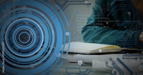 Writing adult torso hand in teal sweater taking notes at desk with notebook HUD, copy space