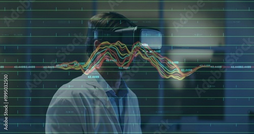 Standing scientist wearing lab coat, blue shirt, VR headset, studying holo grid waveform at lab