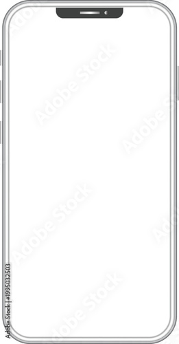 Sleek silver smartphone frame with thin bezels and blank screen for mobile app interface showcase.