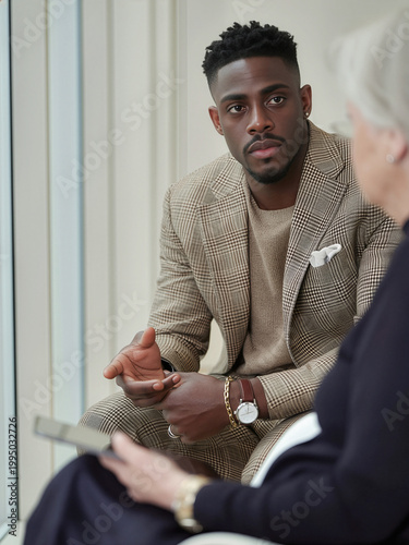 Two creative professionals discussing a project indoors