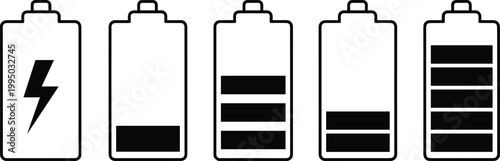 Battery charge icons, charging symbol, low power level, medium energy status, high battery indicator, full charge illustration, technology concept