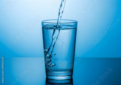 Pouring fresh drinking water into transparent glass on blue background with air bubbles and splashing effect.