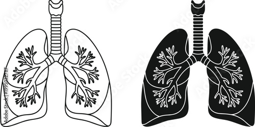 Human lungs illustration, bronchial tree structure, respiratory system design, medical anatomy icon, black and white contrast, healthcare concept