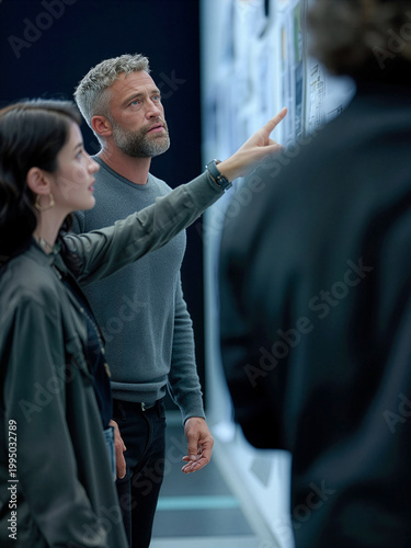 A collaborative team session with individuals discussing ideas and pointing at a presentation board.