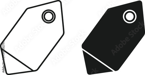 Price tag icons, label design, black and white outline, shopping symbol, retail illustration, discount marker, merchandise identification concept