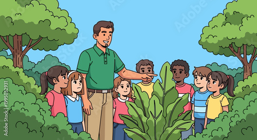 A teacher guides children in a lush green garden learning about plants.