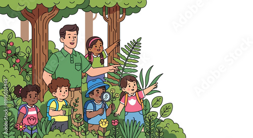 Children and teacher exploring nature in a forest setting.