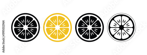 Lemon slice cartoon icons set, bright citrus fruit symbols, fresh summer design for logo, sign, branding, and food vector illustration.